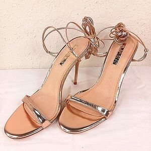 Sandals High Heels 10 Medium Gold Tie Up Stilleto 4.5" LILIANA